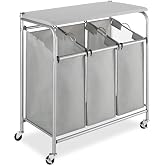 Whitmor 3 Section Rolling Laundry Sorter with Folding Station - Ironing Board, Chrome / Gray