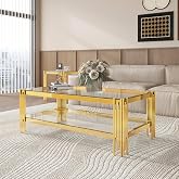 Modehodei 47&rdquo; Rectangle Glass Coffee Table with Clear Tempered Glass Top &amp; Gold Stainless Steel Legs, Modern 2-Tier Glass Center Table for Living Room, Home Office, Easy to Assemble