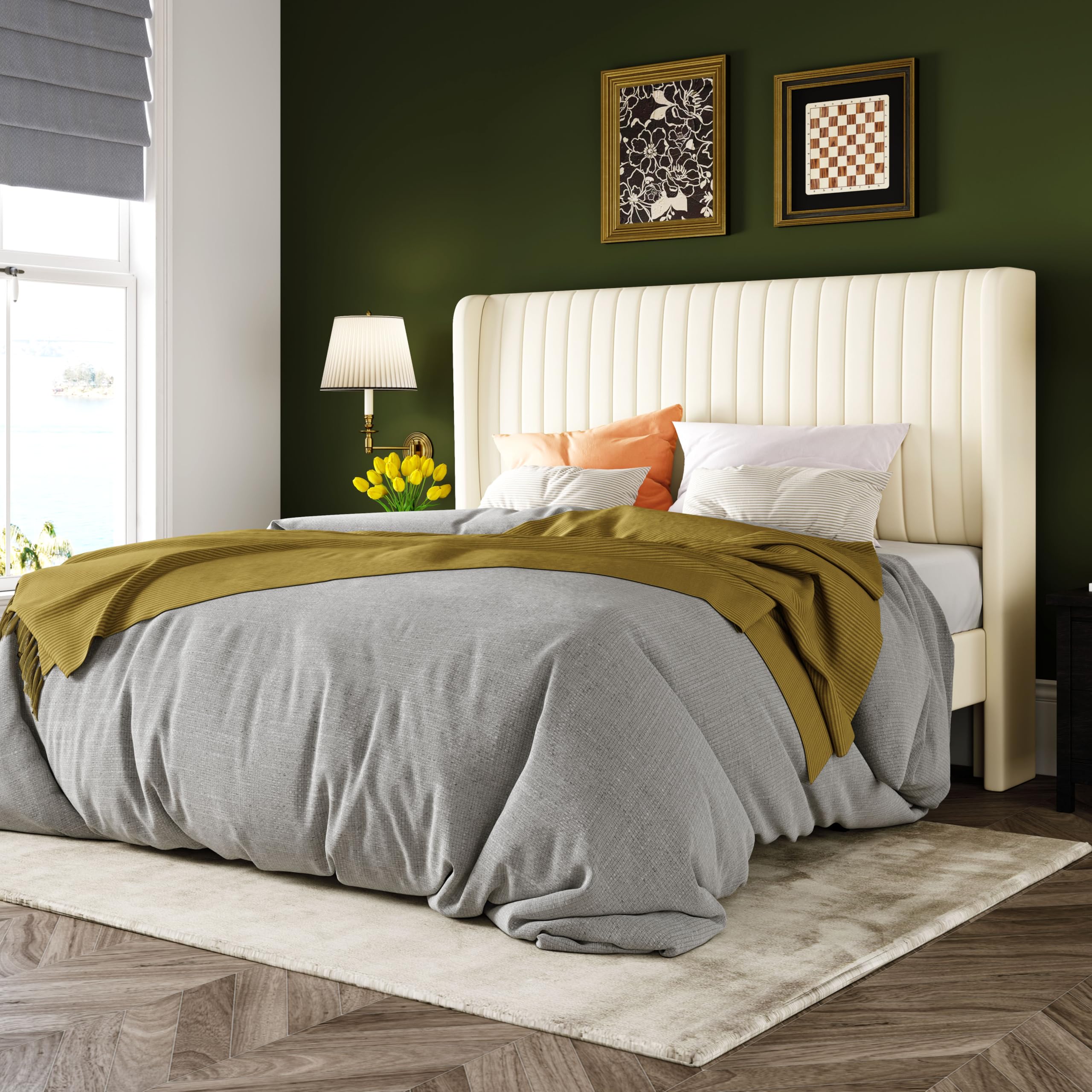 Allewie Queen Size Velvet Bed Frame/Vertical Channel Tufted Wingback Headboard/Upholstered Platform Bed/Strong Wooden Slats/No Box Spring Needed/Easy Assembly/Cream White Image