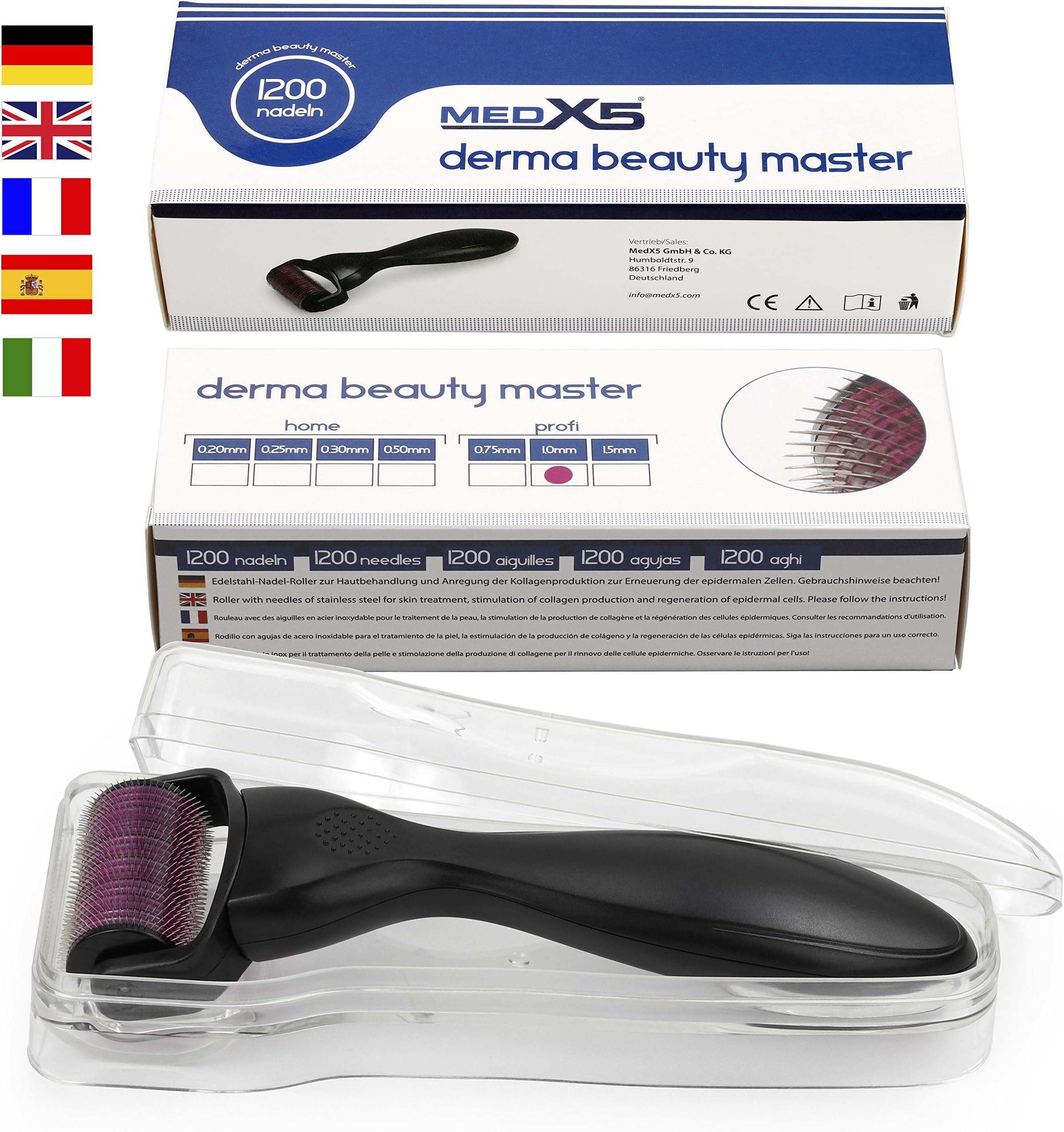 MedX5 (Upgrade 2019) 1mm Dermaroller (1200 stainless steel needles), Derma roller against deep scars and cellulite, Medical Device Class I with CE