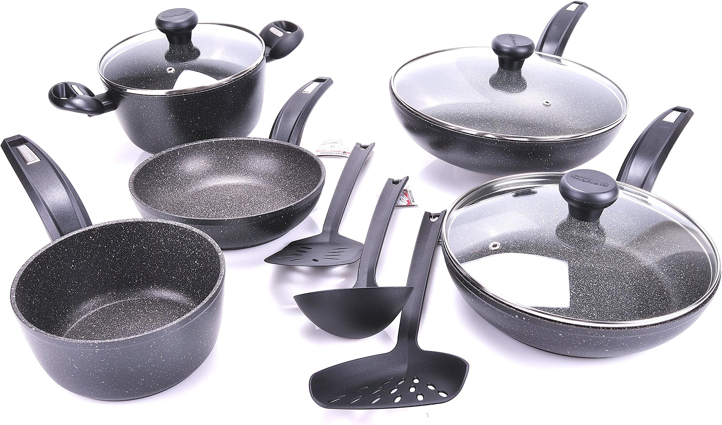 Moneta 20 cm Fry Pan/24 Wok/28 Casserole/20 Saucepan with 16 cm Lid 20/24/28 cm 3 Nylon Accessories, Black, 20-24-28 cm