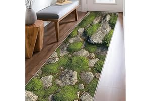 Rocks Runner Rug, Natural Rustic Grass Moss None Gray Non-Slip Rectangle Floor Carpets Edge Binding for Kitchen Bathroom Entr