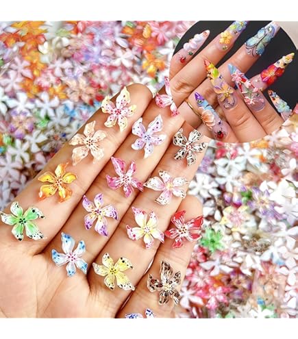 50 Stück 3D Blumen Nagel Charms – Bunte Lilien, Leuchtend, Mit Glitzer, Für Nail Art & DIY