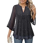 VALOLIA Womens Tops 3/4 Sleeve Sparkly Blouses Dressy Casual Elegant Flowy Double Layers Mesh Shirts