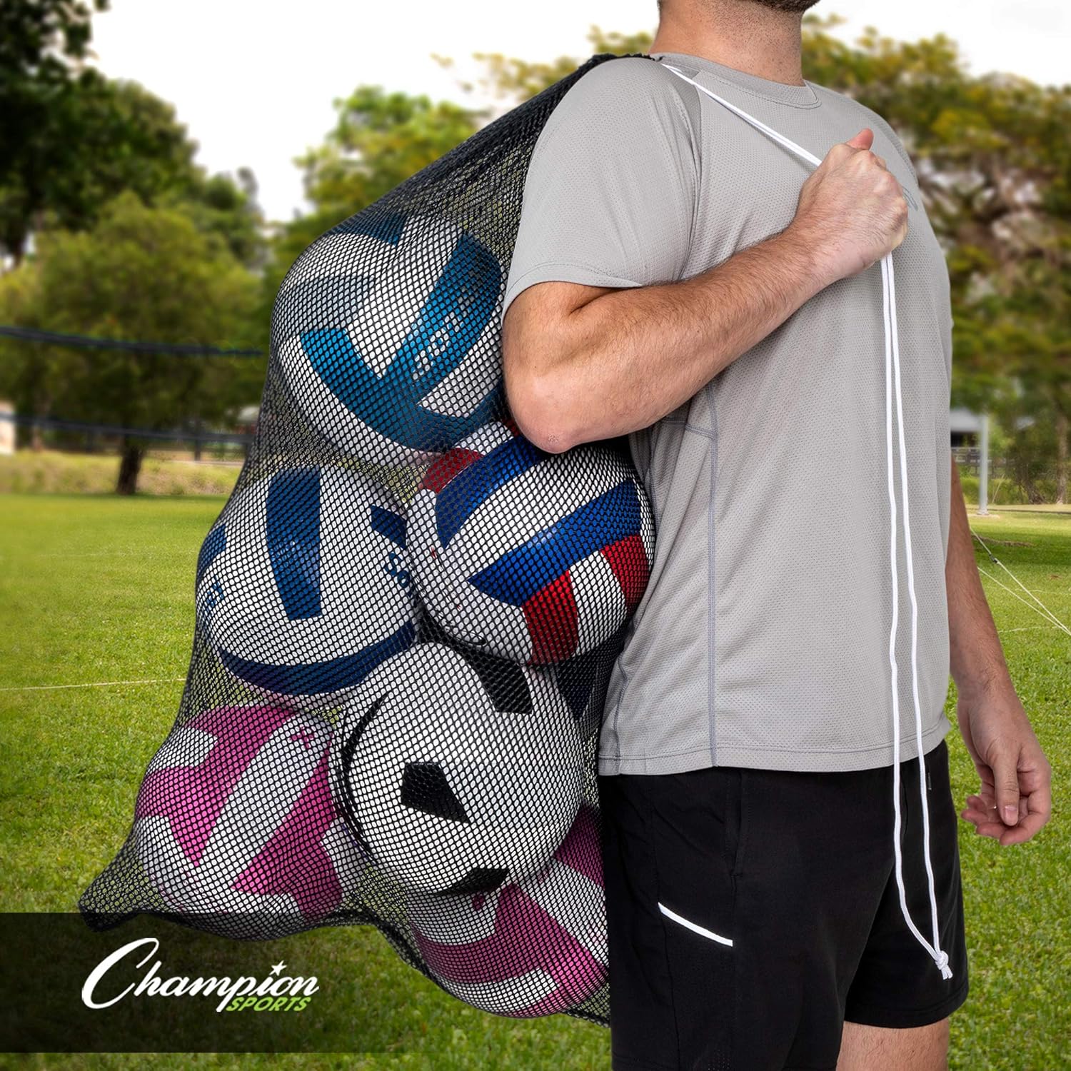 Champion Sports Mesh Sports Equipment Bag, Set of 6, 24x36 Inches - Multipurpose, Nylon Drawstring Bag with Lock and ID Tag for Balls, Beach, Laundry: Sports & Outdoors
