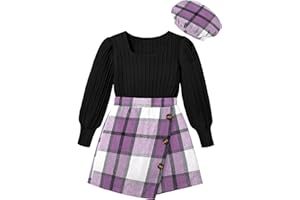 AGAPENG Girl Skirt Sets 3 Piece Outfits Square Neck Jacquard Puff Sleeve Tops Plaid Mini Skirt Shorts Fall Winter Clothes