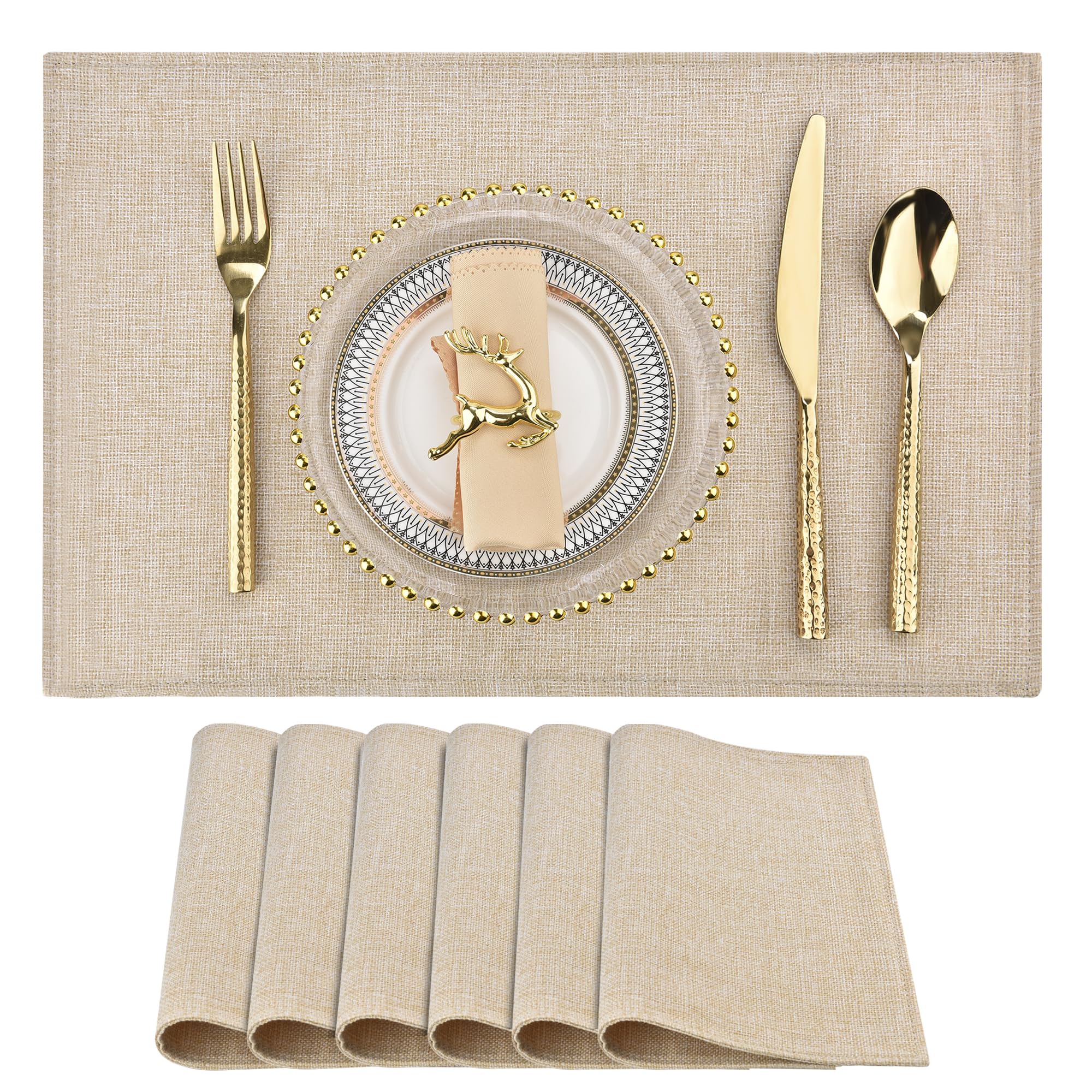 Photo 1 of SLKQG Beige Cloth Placemats Set of 6 - Easy to Clean Fabric Table Placemats - Machine Washable Placemats - Heat Resistant Non-Slip Table Mats (Beige, 6)