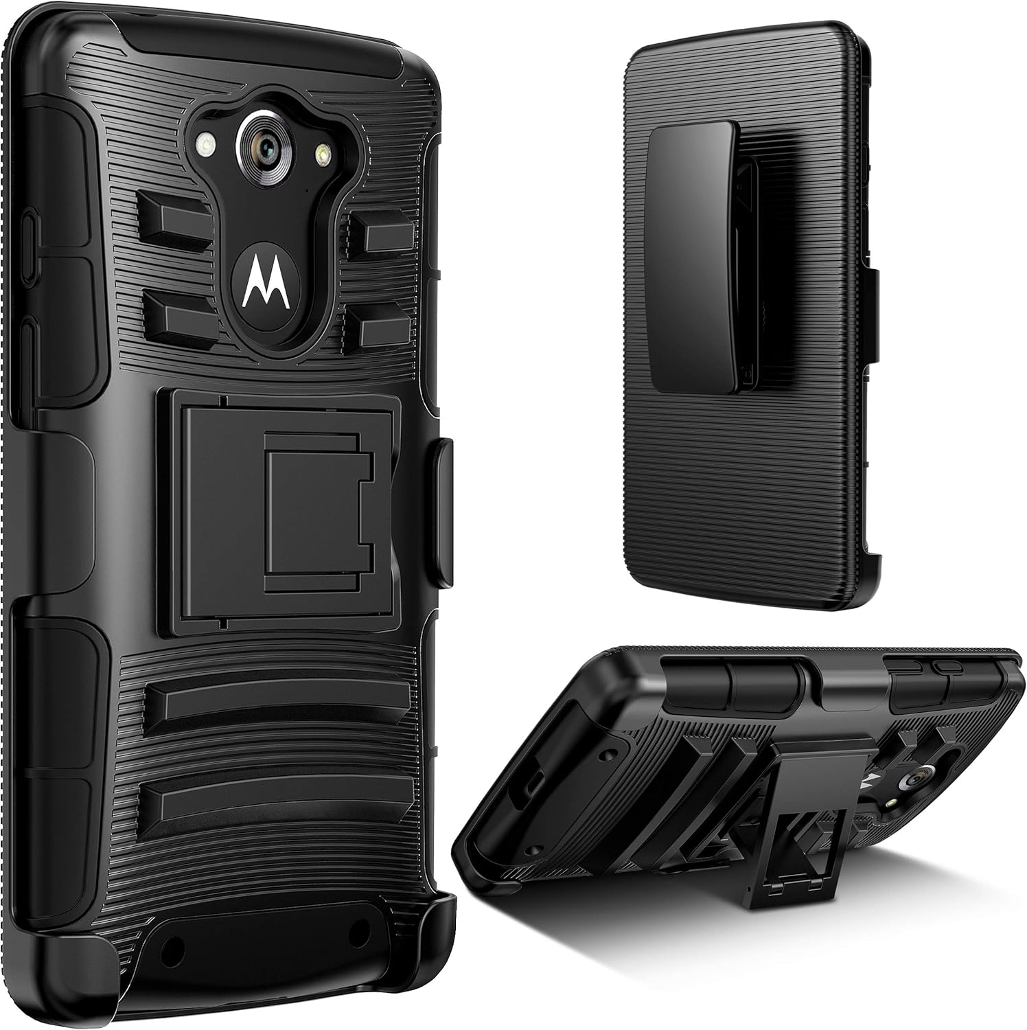 E LV Holster Case for Moto Droid Turbo Case - Dual Layer Armor Defender Protective Case Cover with Kickstand and Belt Swivel Clip for Droid Turbo XT1254 Model - Black