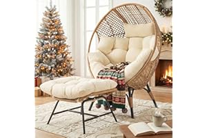 NICESOUL Wicker Egg Chair with Ottoman, Indoor Outdoor Egg Basket Lounge Chair w/Cushion, Oversized Egg Seat with Legs 440 Lbs, Comfy Cozy Boho Style Nest Chair w/Footrest for Patio, Balcony, Beige