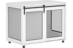 PawHut Dog Crate Furniture, 39" Dog Kennel End Table with Sliding Barn Door, Furniture Style Dog Cage for Large Dogs, White