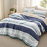 Bedsure Comforter Set Queen Size - Striped Bedding Comforter Set for Boys, 3 Pieces, 1 Soft Reversible Blue Comforter and 2 Pillow Shams
