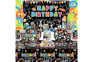 Science Party Supplies, Includes Happy Birthday Backdrop, Plates, Tablecloth, Cups, Balloon and Straws, for Little Scientist 