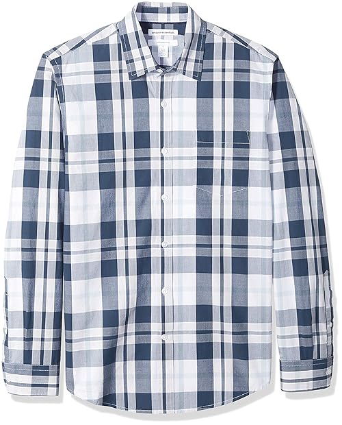 Amazon Essentials Men's Slim-Fit Long-Sleeve Poplin Shirt, White Navy Large Plaid, X-Small