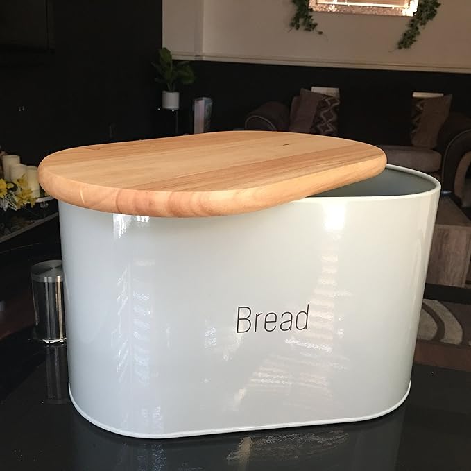 vintage enamel bread bin with wood lid kitchen storage bread crock loaf