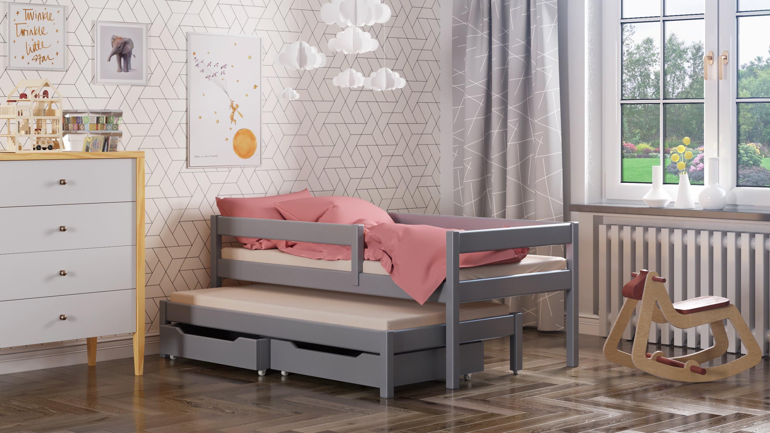WNM Group Maria single bed with trundle and drawers for kids made of solid wood - different sizes - 6 colours (Grey, 200x90 / 190x90)