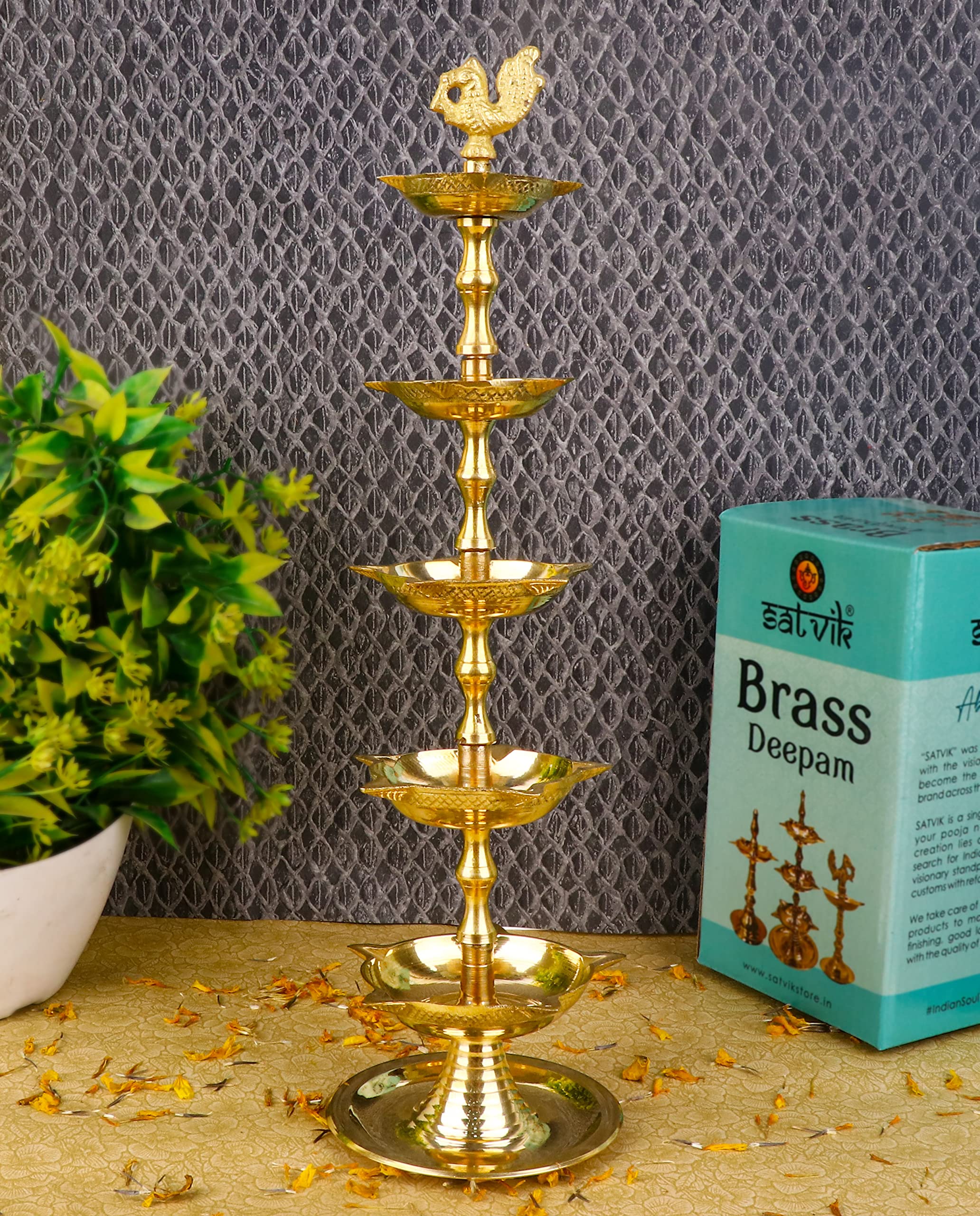 SATVIK 2Pc Standing Brass Kerala Samai Diwali Deepak for Puja Traditional Panchmahal Pooja Deepam Diya Oil Lamp Kutthu Vilakku Dia 5 in 1 Step Adjustable 13.5 inch Deepawali Indian Gift Item(Design 2)