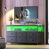 Huuger LED TV Stand for Bedroom, 47 Inch Dresser TV Stand for 43, 50, 55 Inch TV, Grey Black TV Stand with Storage, Entertainment Center with Power Outlets, 6 Drawer Fabric Dresser for Living Room