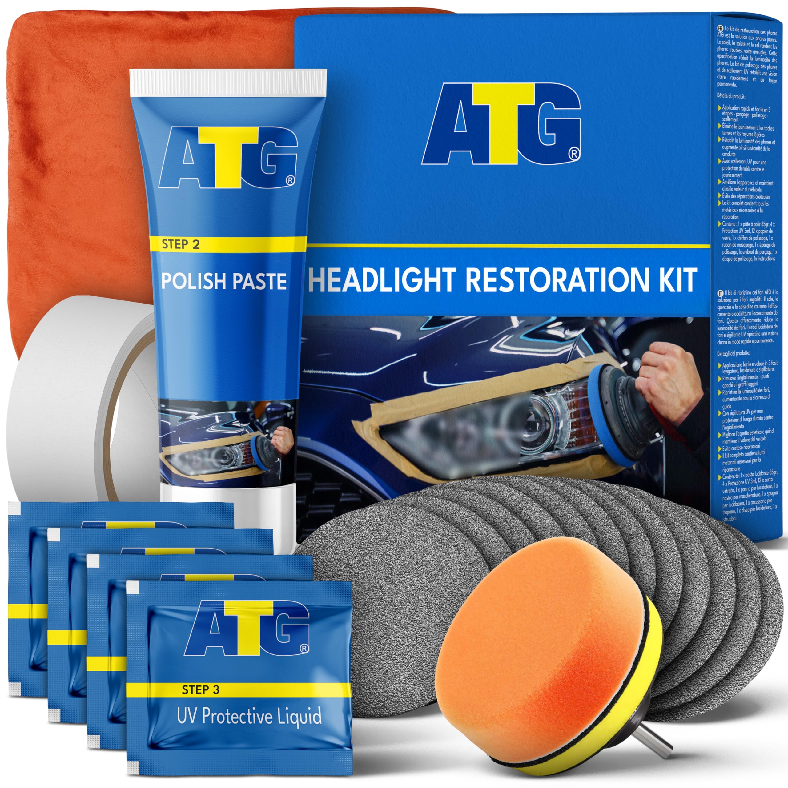 ATG® Headlight Restoration Kit – Car Headlight Restoration Kit to Remove Oxidation, Haze & Yellowing – Headlamp Restoration Kit with UV Headlight Sealant