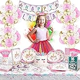 Unicorn Birthday Decorations - Unicorn Party Decorations for Girls Serves 16 Includes Happy Birthday Banner,Napkins,Cake Topper,Headband,Sash & Large Tablecloth for Creating Themed Party