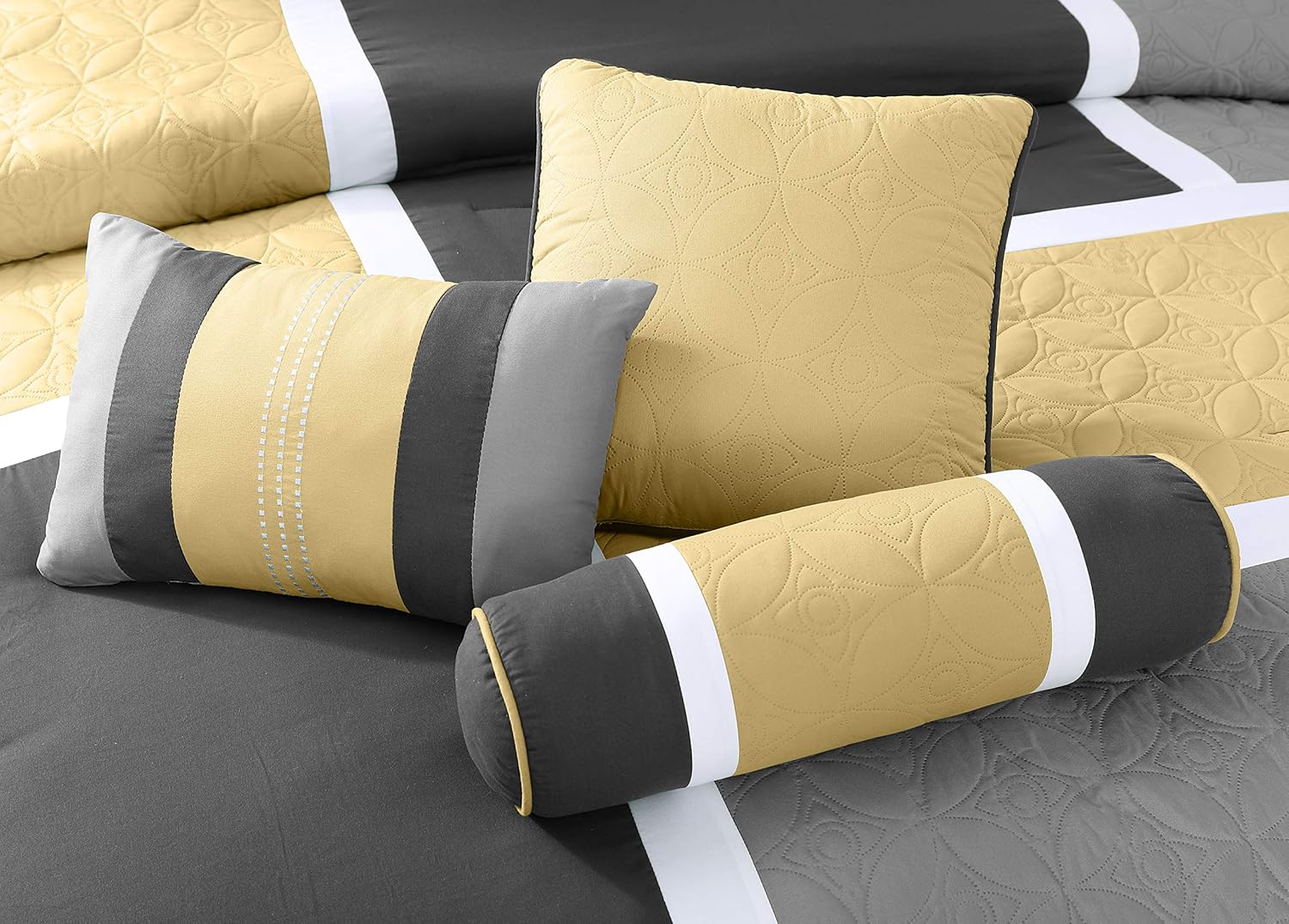 Chezmoi Collection 7-Piece Quilted Patchwork Comforter Set, Yellow/Gray, California King: Home & Kitchen