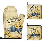 Sunflower Oven Mitts and Pot Holders Sets Vintage Floral Oven Gloves Heat Resistant 4 Pcs Farmhouse Decorative Kitchen Hot Pads and Mitts for Baking Cooking Grilling