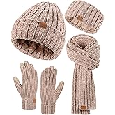 Women Beanie Scarf Gloves Headband Set, Chenille Winter Hats Fleece Lined Ear Warmer Knit Scarf Touchscreen Gloves 4 Gift Set