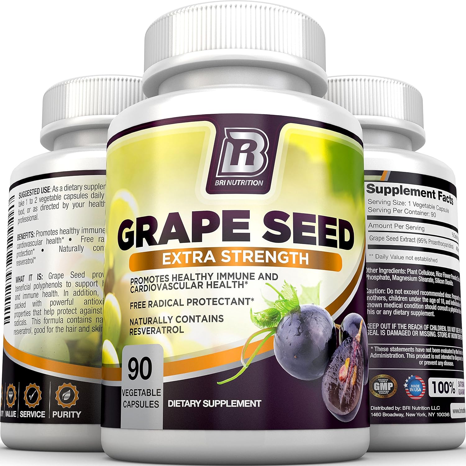 BRI Nutrition Grapeseed Extract - 400mg Maximum Strength 95% Proanthocyanidins Standardized Extract - Immune System Booster & Antioxidant for Heart, Brain, Bone & Skin Health - 90 Veggie Capsules: Health & Personal Care