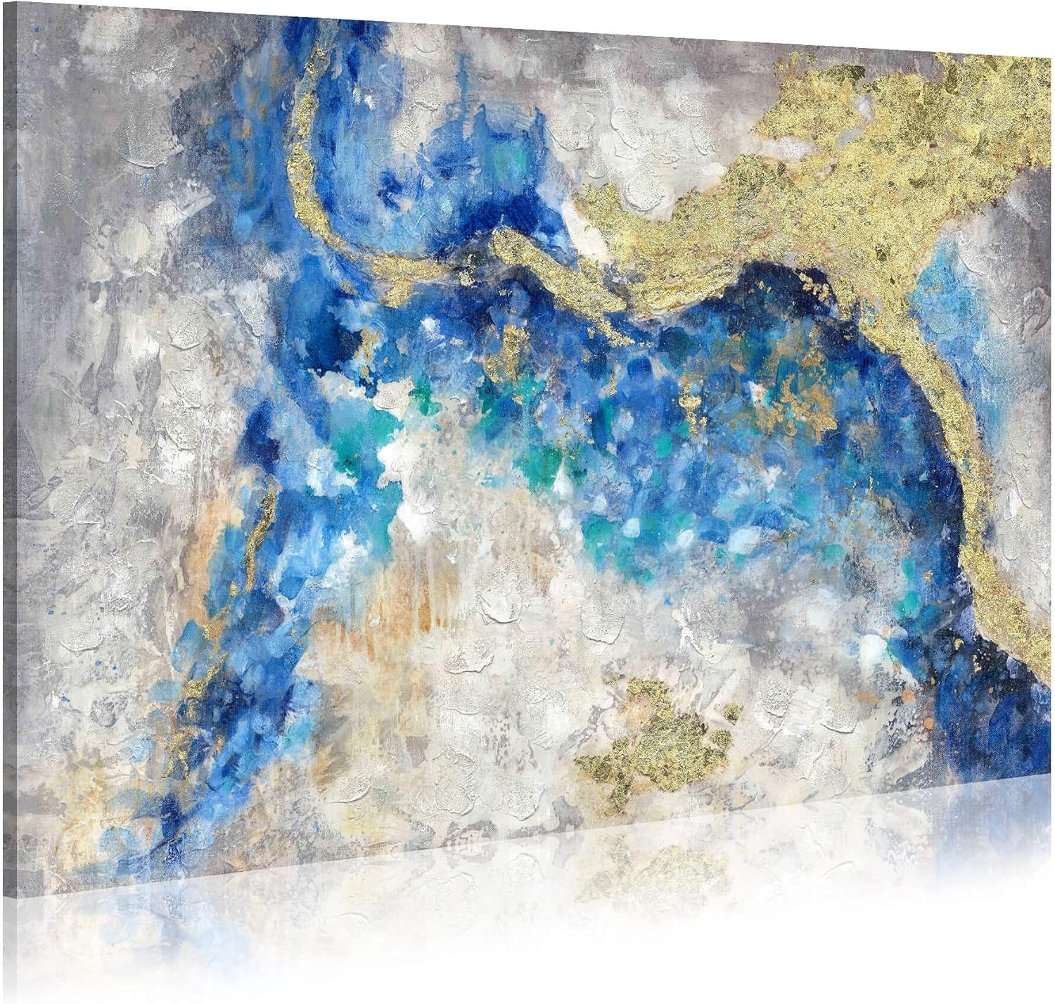 Paintings - Blue Abstract Gold Painting Wall-art: Navy Marble Canvas Art Golden Foils Art Gray Modern Picture Beach or Coastal Artwork for Large Wall Decor Living Room