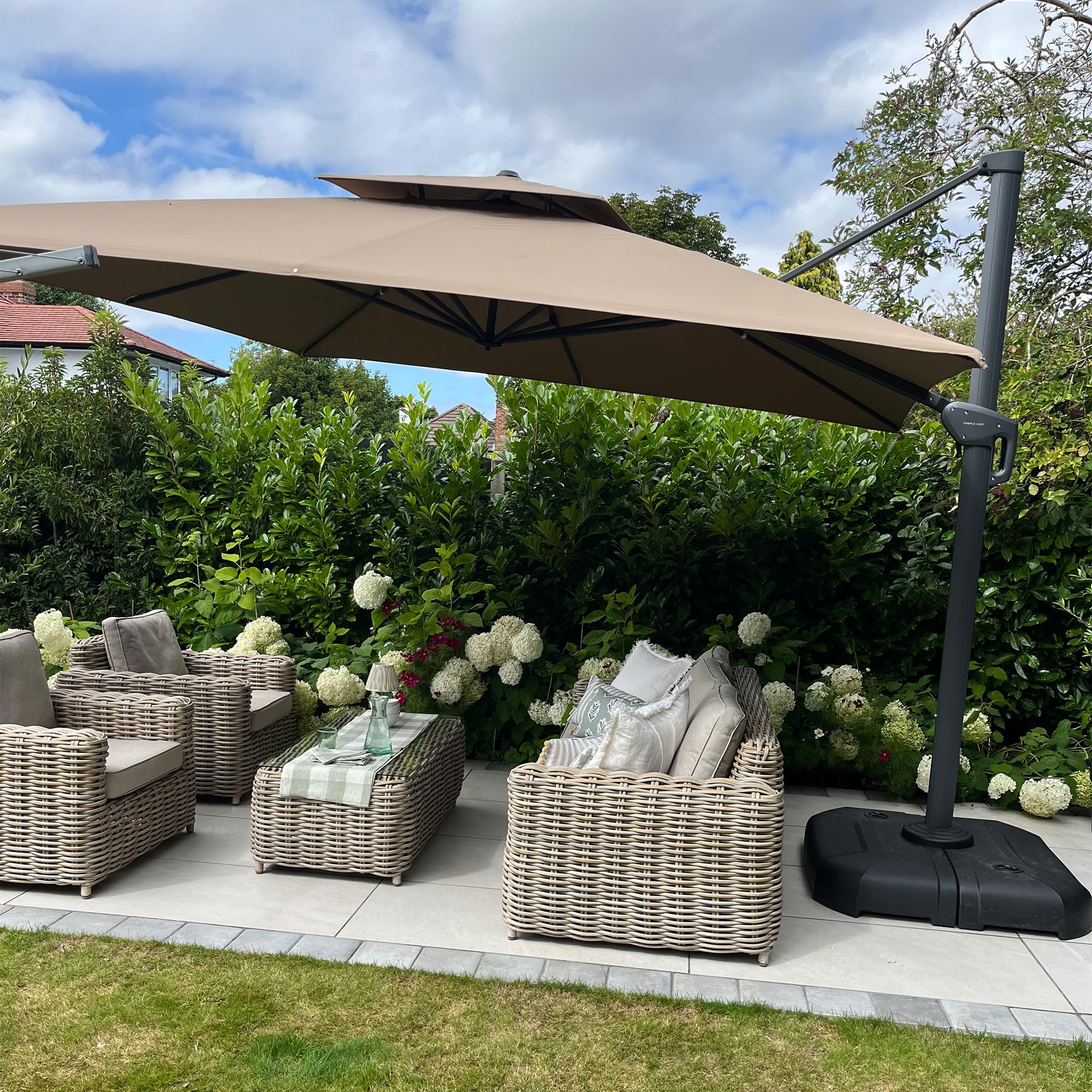 Photo 1 of **SMALL SCRATCH AND HOLES NEAR TOP CAP**PURPLE LEAF 12FT Cantilever Outdoor Umbrellas Large Patio Umbrella Hanging Double Top Square Offset Umbrella with 360°Rotation Tilting Umbrella Outdoor Patio, Taupe