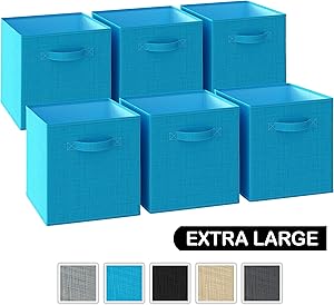 13x13x13 Large Storage Cubes - Set of 6 Storage Bins | Features Dual Handles | Cube Storage Bins | Foldable Closet Organizers and Storage | Fabric Storage Box for Home and Office (Aqua Blue)