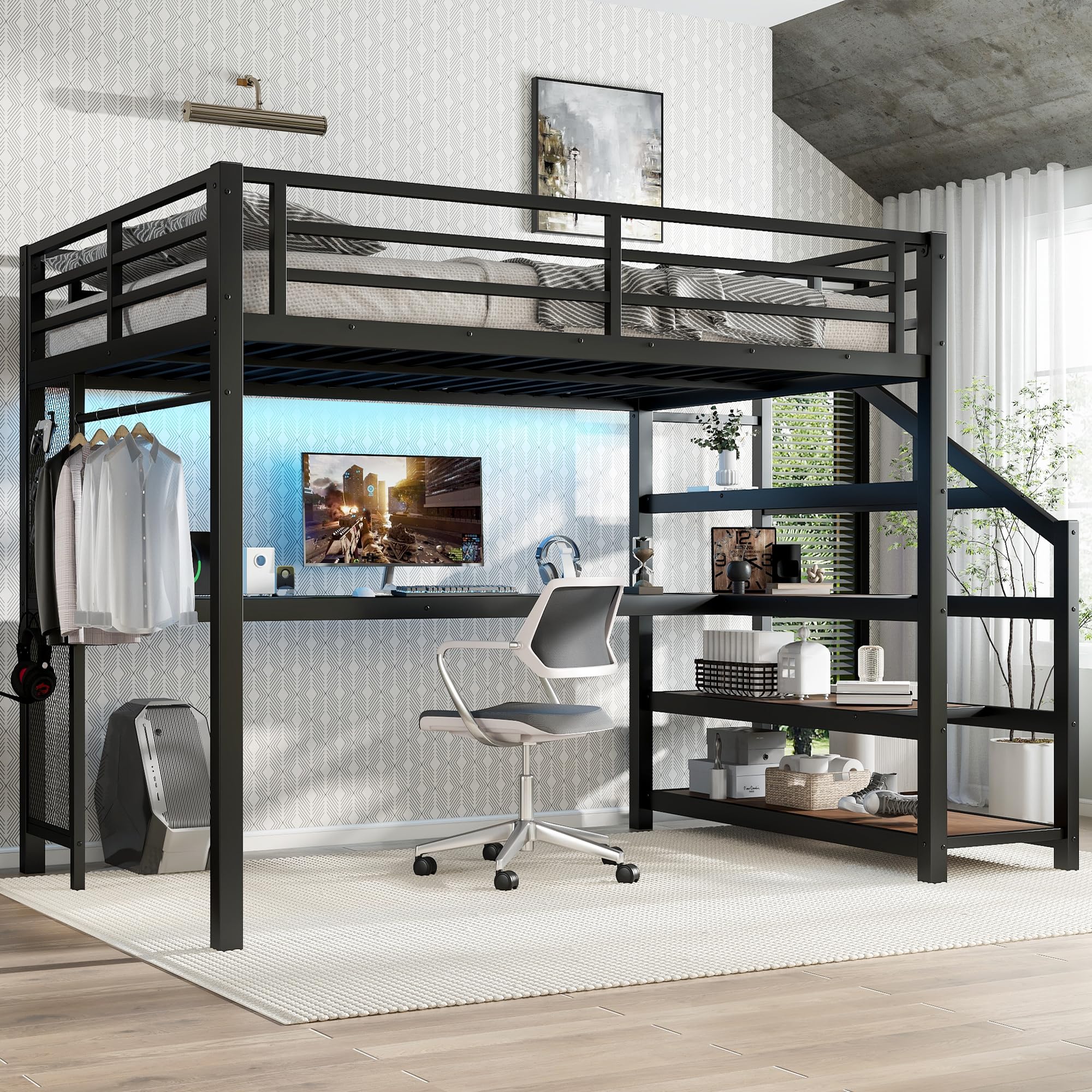 Photo 1 of Bellemave Metal Full Size Loft Bed with Desk and Storage Stairs,Heavy Duty Loft Bed Frame Full Size with LED Lights and Charging Station for Kids,Teens,Adults,Black