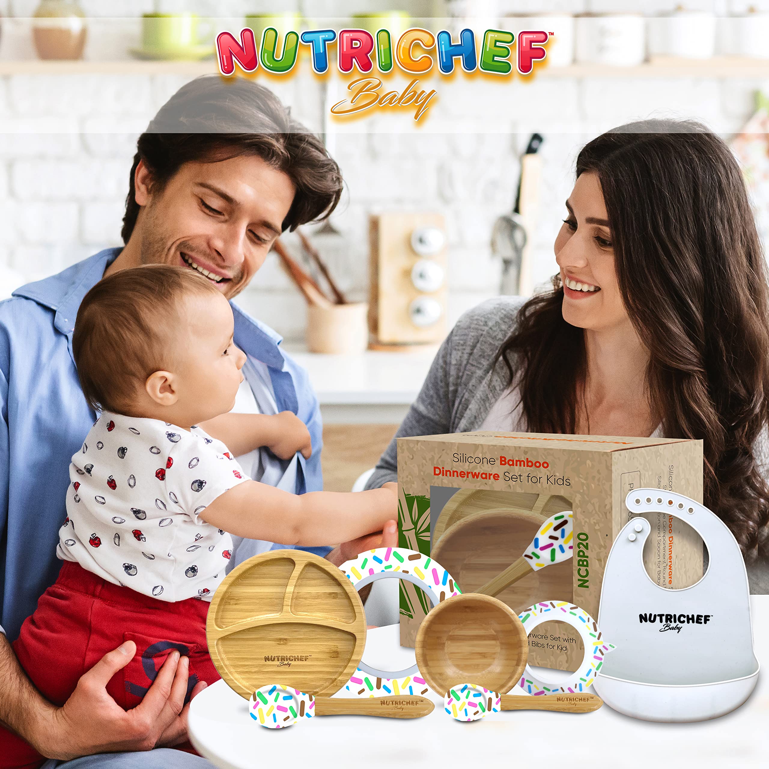 NutriChef Baby and Toddler, 3 compartment plate, bowl, and spoon feeding set- silicon suction, Non-toxic all natural Bamboo baby food plate with silicon bib