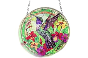 BXLZ Hummingbird Stained Glass Decor for Women, Bird Lovers Window Hanging Panel. Green Birds Art Walldecor.
