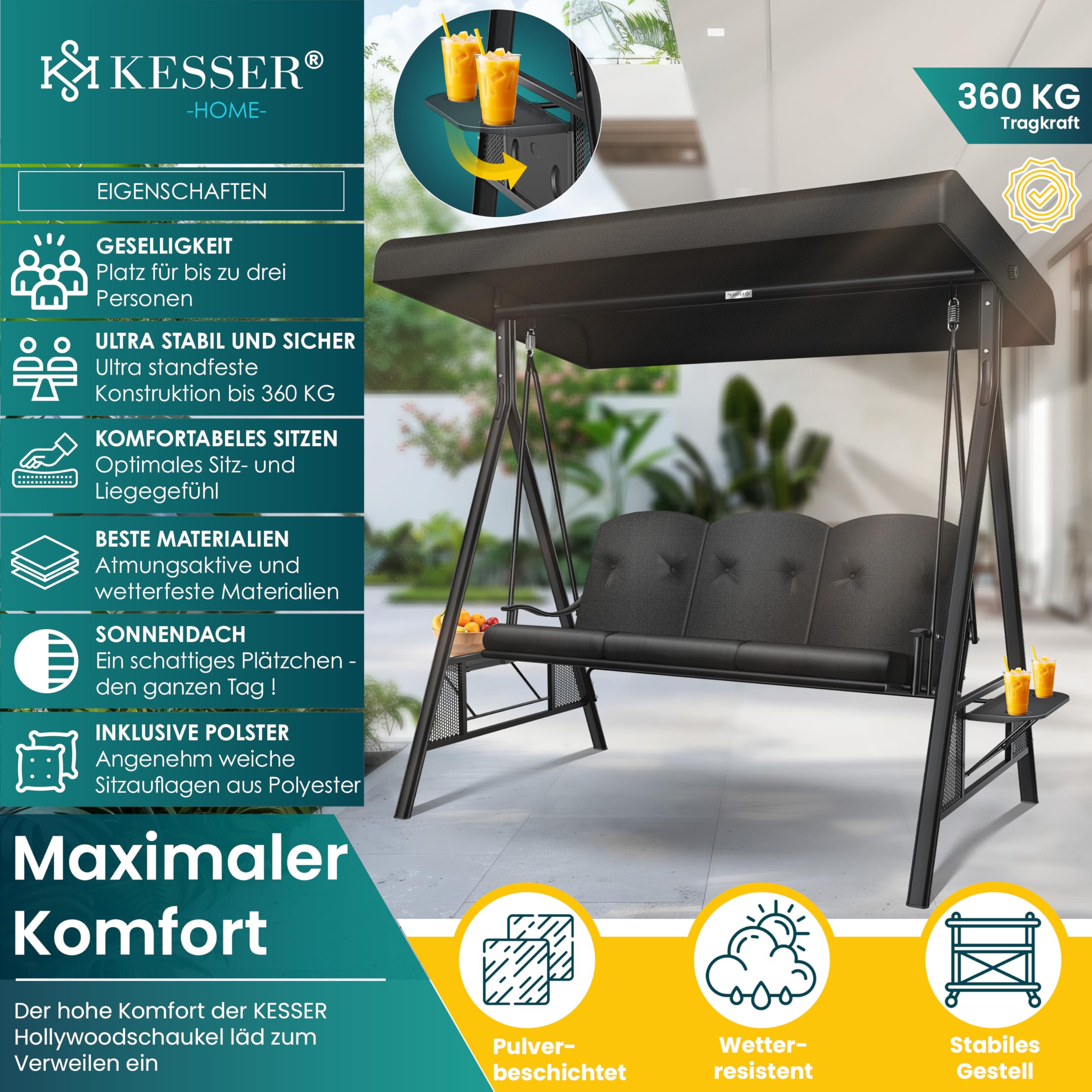 KESSER® Hollywoodschaukel mit Sonnendach 3-Sitzer & Sitzpolster-Auflage | Gartenschaukel bis 360kg belastbar | Gartenliege mit Anti-Rutsch-Füßen | Schaukelbank wasserabweisend für Outdoor & Indoor 3