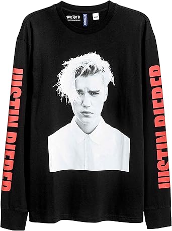Amazon エイチアンドエム H M Long Sleeved Printed T Shirt Black Justin Bieber ジャスティンビーバー Tシャツ 黒 並行輸入品 L Tシャツ カットソー 通販