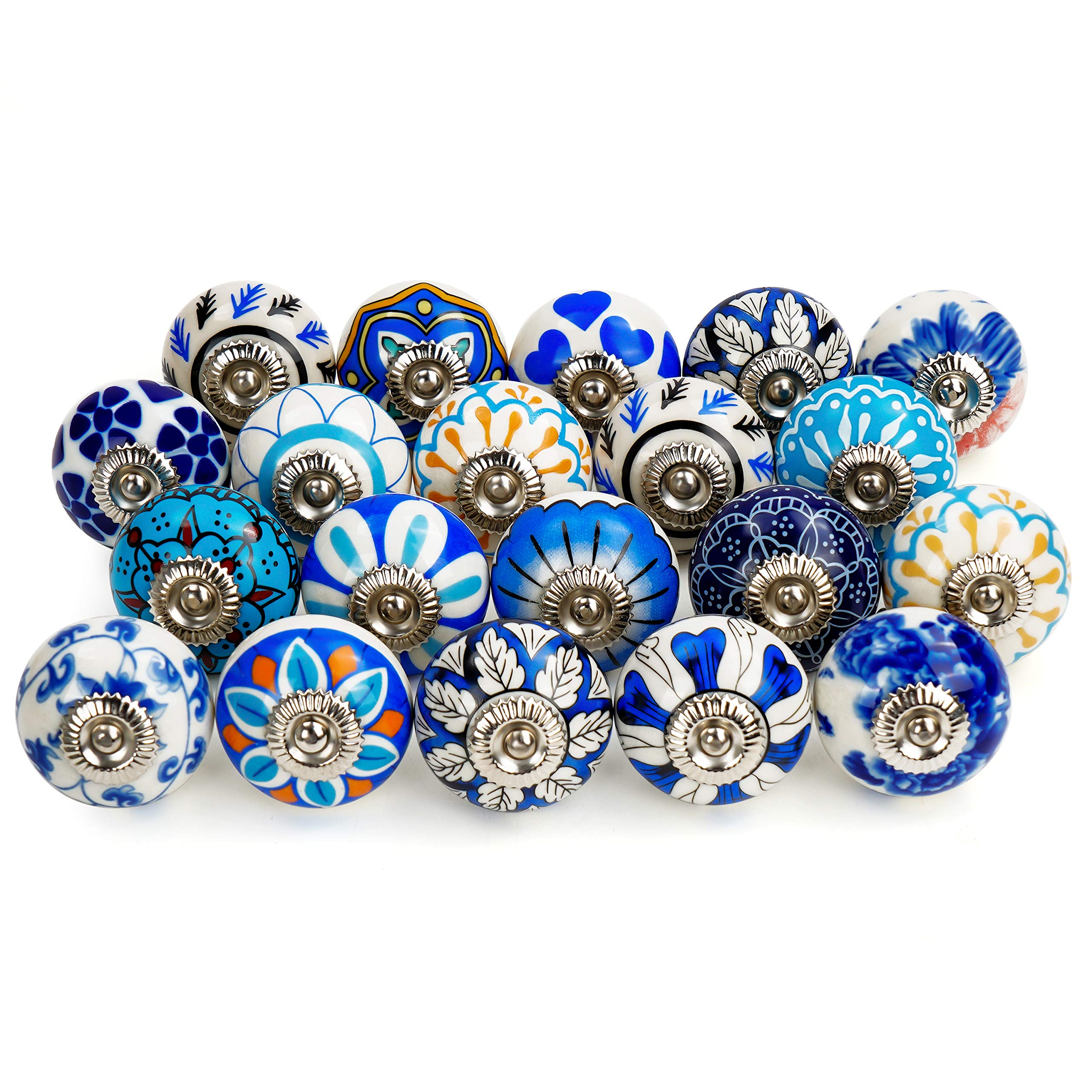 BELLE VOUS 20 Pack Assorted Ceramic Cabinet Drawer Door Knobs - Includes Fixing Hardware - Mix of Multi-Colour Vintage Round Pull Handles for Kitchen Cupboards, Dressers, Wardrobes & Cabinets