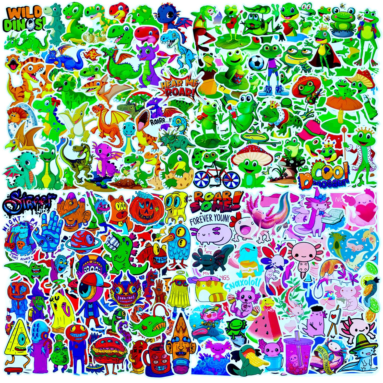 Stickers for Children 200 Pcs Axolotl Frog Dinosaurs Alien Eye Monster Mixed Sticker Pack,Waterproof Vinyl Stickers for Laptop Phone MacBook Scooter Scrapbook Journal Skateboard Planner Book Mug etc