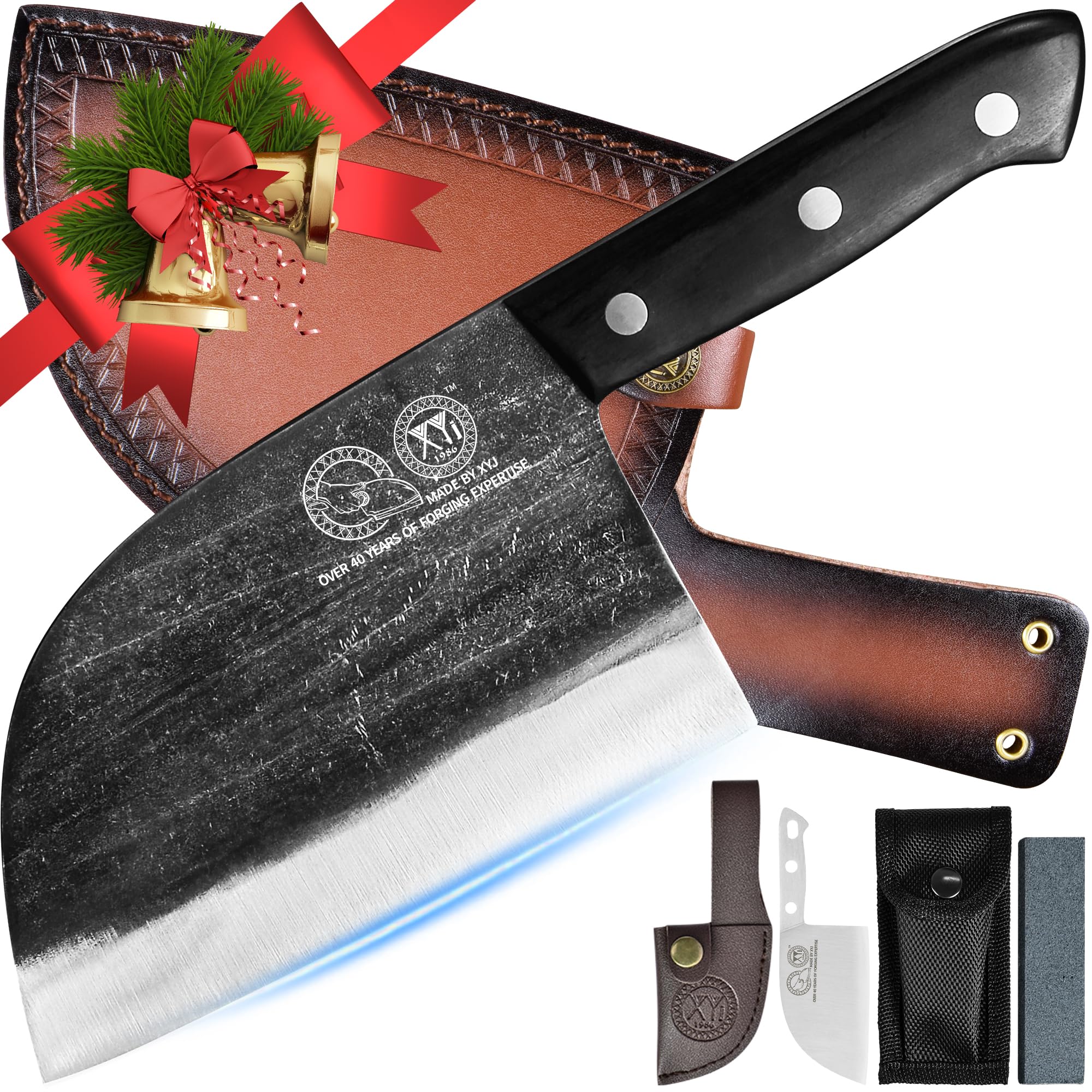 Photo 1 of XYJ Authentic Since 1986,Outstanding Ancient Forging,6.7 Inch Full Tang,Serbian Chefs knife,Chef Meat Cleaver,Kitchen Knives,Set with Leather Sheath,Take Carrying,Butcher