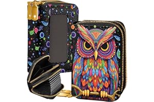 Miss Adola Credit Card Wallet for Women RFID Blocking Leather Card Wallet Organizer for Ladies Girls Female Aesthetic Cute Wallet with Card Slots Coin Cash Zipper Purse & ID Window, Colorful Owl
