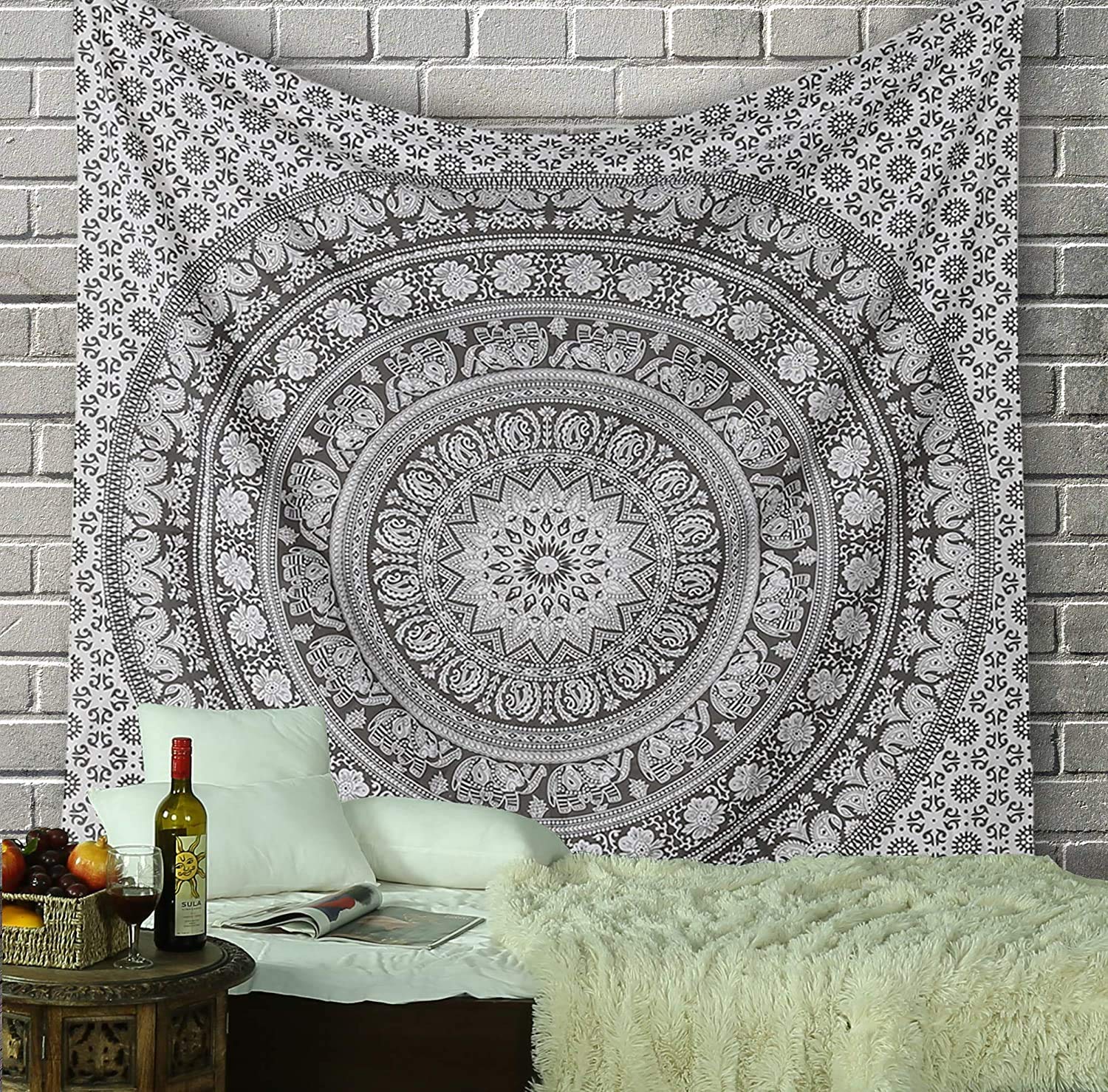 RAJRANG Grey Mandala Tapestry for Bedroom - 213x230 cm Large Wall Hanging Art Cotton Elephant Tapestries Boho Hippie Indian Beach Throw Blanket