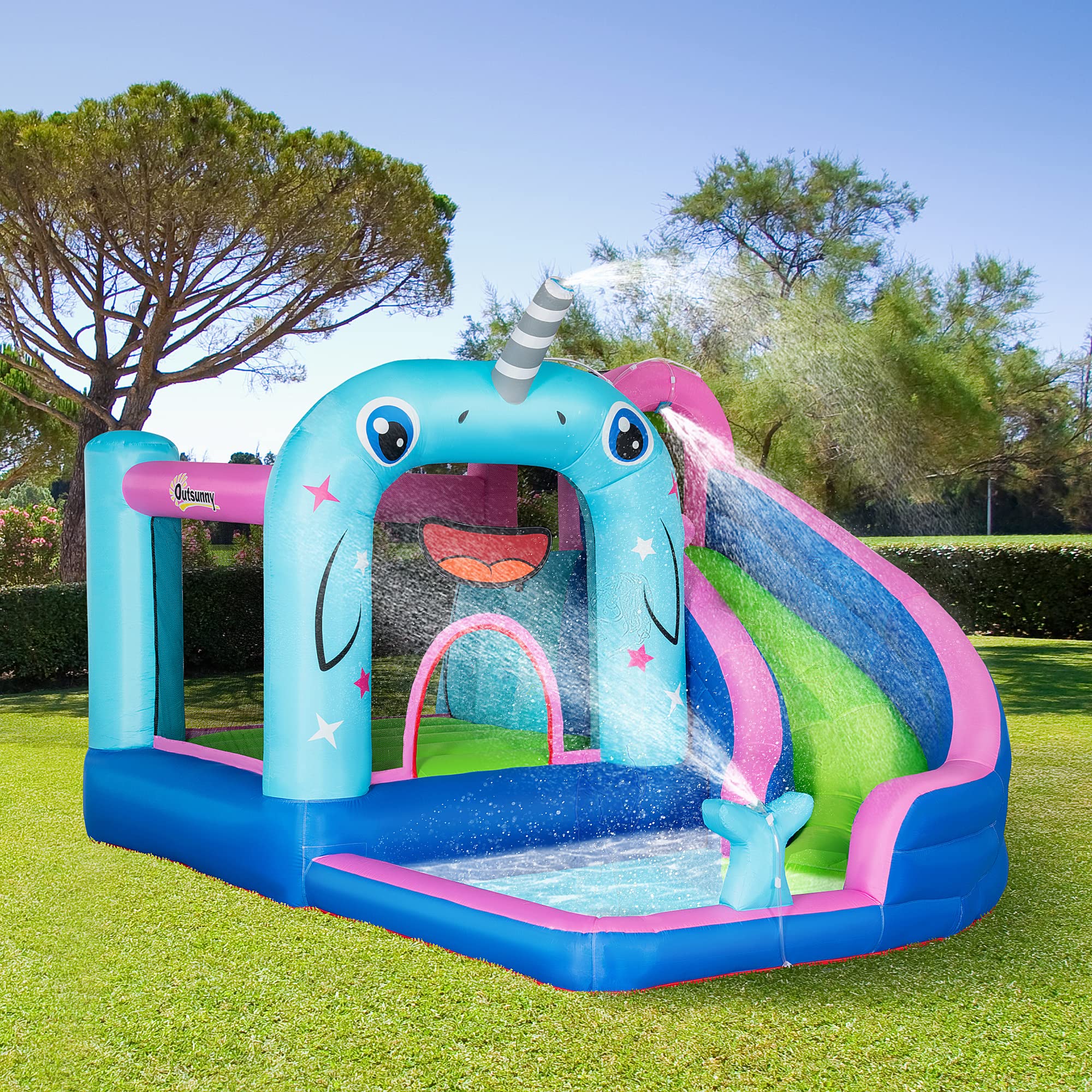 Outsunny Aufblasbare Hüpfburg mit Gebläse, Wasserspielcenter inkl. Sicherheitsnetz, Wasserrutsche, Spielburg Wasserpark für Kinder 3 bis 8 Jahre, 330 x 280 x 200cm 2