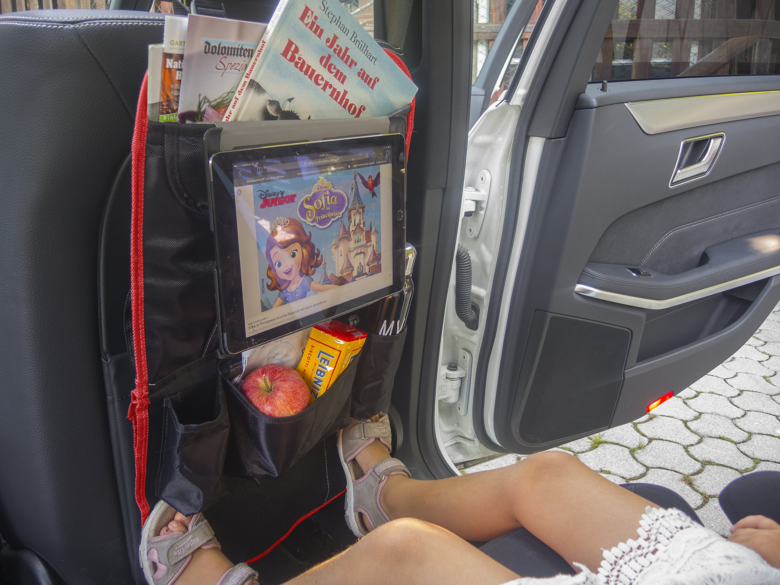 Protector asiento coche | organizador multi-bolsillos | MYCARCADDY TO GO | kick mat para ninos | evita arañazos y daños en el respaldo del asiento | con bolsillo para I-PAD tablet | NEGRO/ROJO