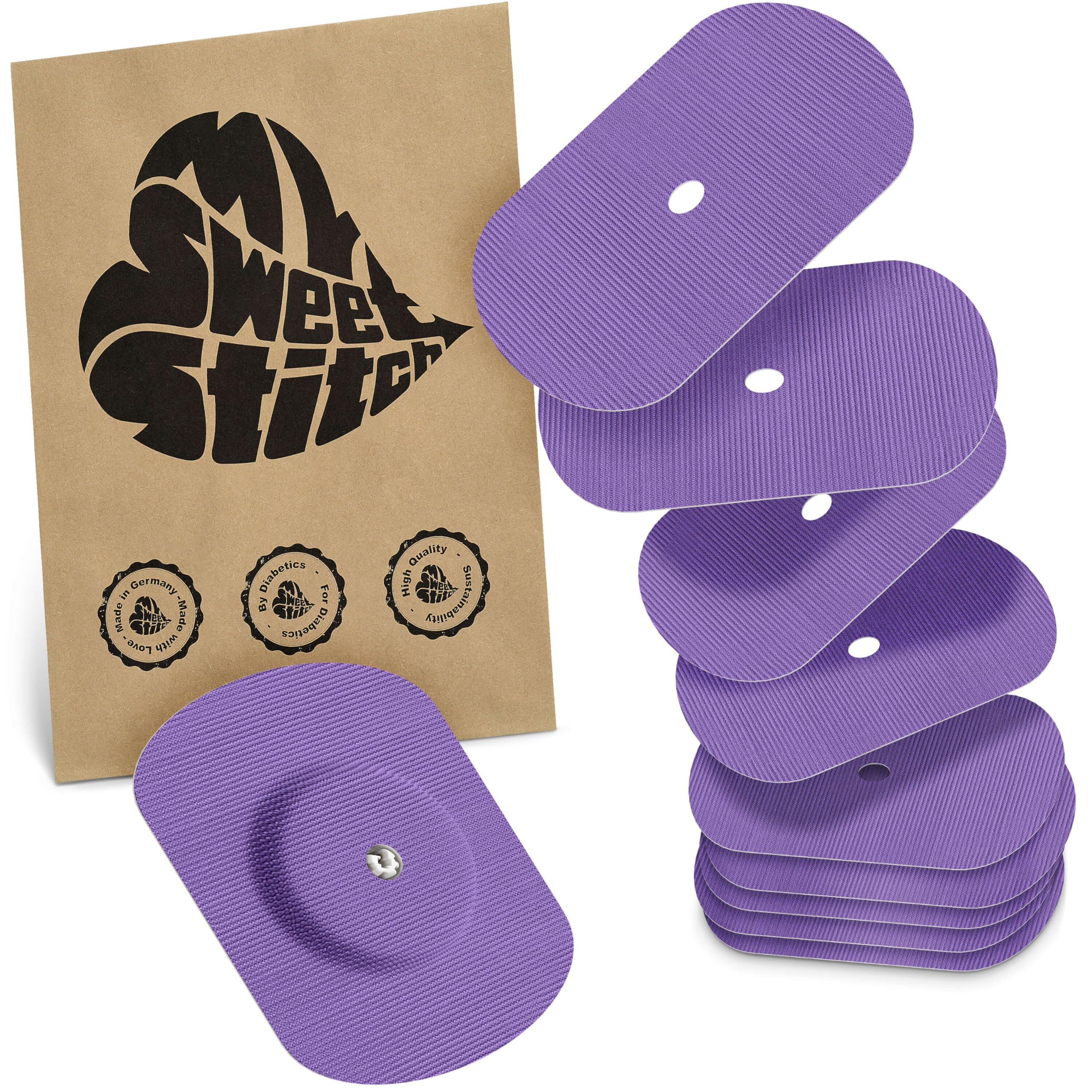 MySweetStitch - 10 x Freestyle Libre 1 & 2 Patches Oval with Ventilation Hole, Overpatch Ø 70 x 55mm, Waterproof, Breathable, Skin-Friendly, Made in Germany, Purple