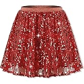 Rolanko Girls Sequin Skirt Elastic Waist Glitter Sparkly Skort with Lining Twirling Shiny Skirts for Kids Dance Party 5-12Y