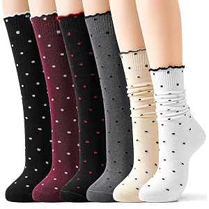 Jeasona Polka Dot Ruffle Knee High Socks for Women 6 Pairs