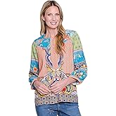 john mark womens Mix Print Button Up Peasant Top With Shirring Details and Three Quarters Sleeves