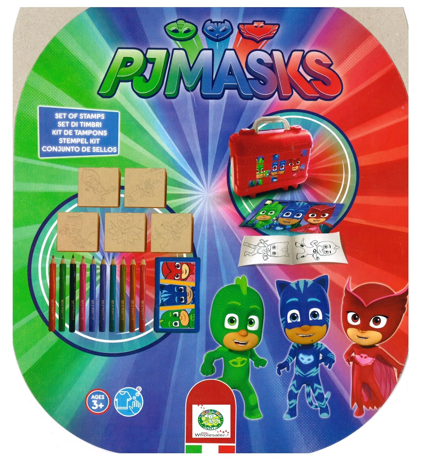 Eurolandia PJ Masks Superpigiamini Vali ta 5 Timbri 1 Tampone 1 Album da disegno 10 Matite Colorate 64 Puzzle Stickers Amazon Giochi e