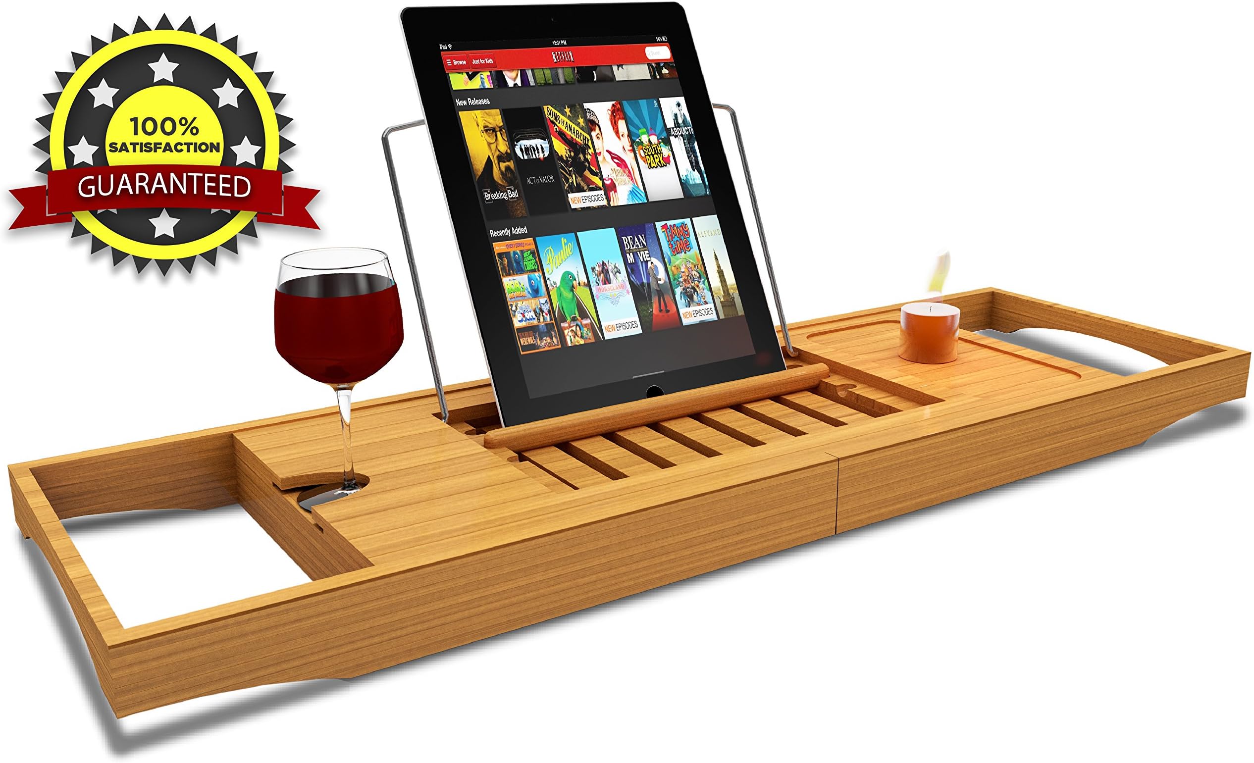 Natural Wooden Bamboo Bath Caddy Tray Rack With Metal Chrome Book/iPad Rest, Wine Glass Holder and Adjustable Sides - Premium Bathroom Accessories For Home Spa Experience