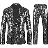 MOGU Suits for Men, 2-Piece Shiny Sequin Tuxedo with Floral Pattern for Party, Banquet, Proms, 70S Disco