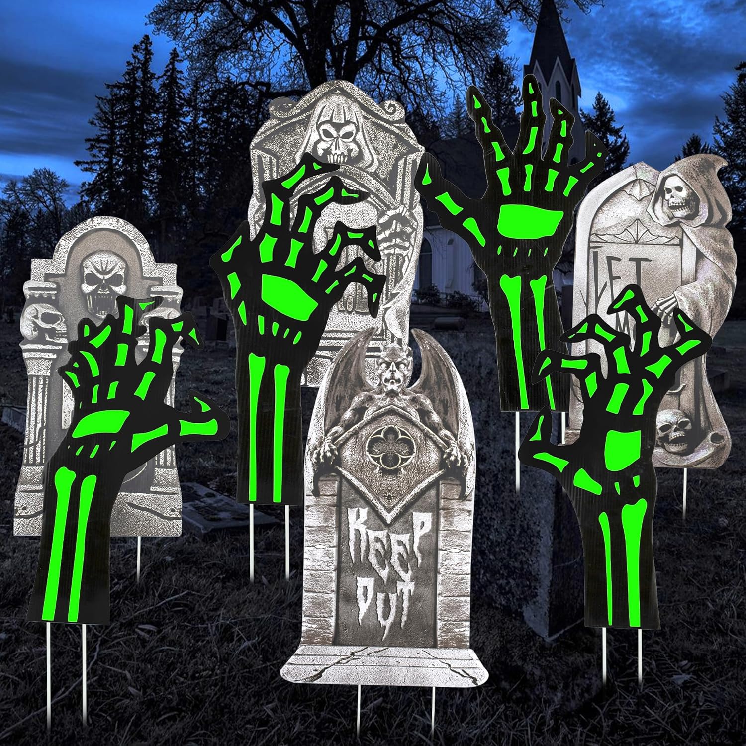 Yard Signs - 8 PCS Halloween Yard Signs - 4 Reflective Black Zombie Hands and 4 Tombstone Lawn Signs with 16 Plastic Stakes, Scary Halloween Decorations Outdoor Glow in the Dark for Halloween Party Decor
